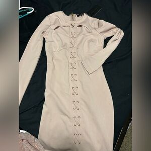 Miss Lola Blush Long Sleeve Lace-Up Dress